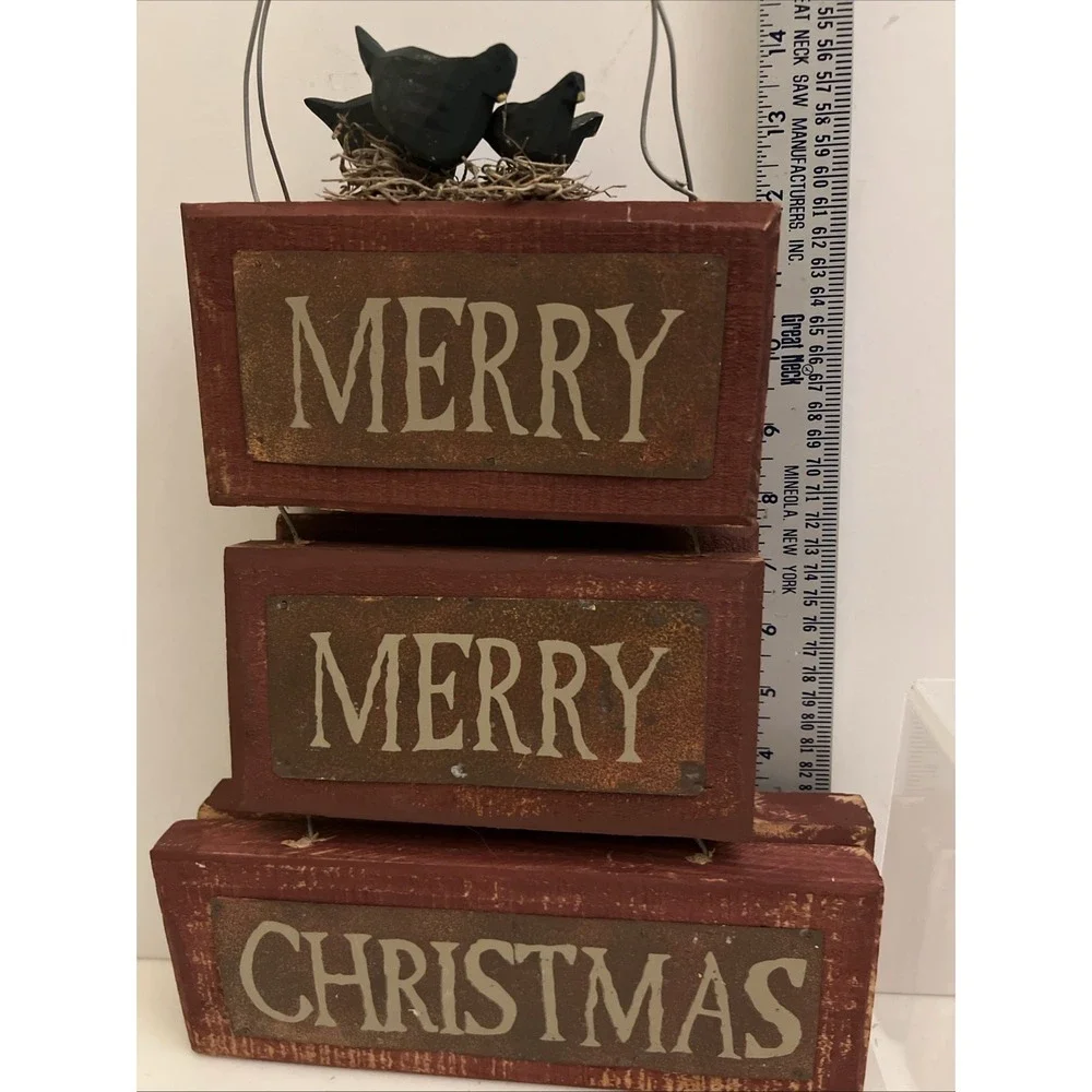 Rustic Stacked Wooden Sign Merry Merry Christmas Farmhouse‎ Cottage Core Birds